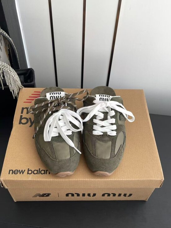 Miu Miu x New Balance. Shoes - Miu Miu x New Balance Olive Green Suede Nylon Slip-On Mule Sneakers